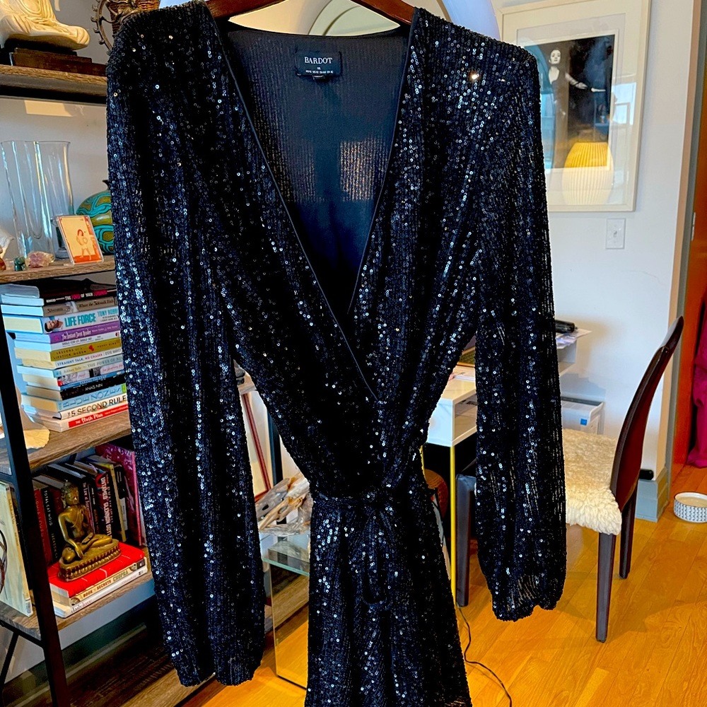 Bardot Sequin Black long sleeve wrap dress